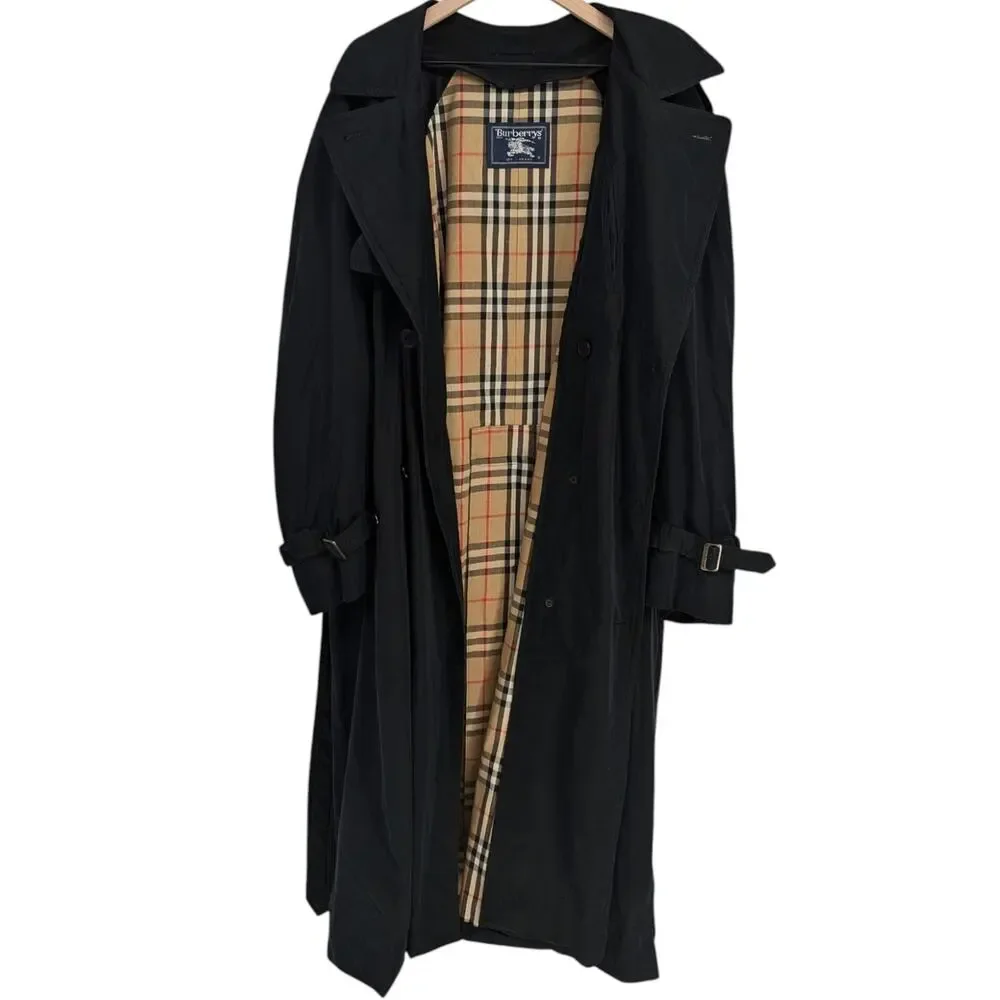 Vintage Burberrys Men’s Black Trench Coat Wool Liner 44 XL